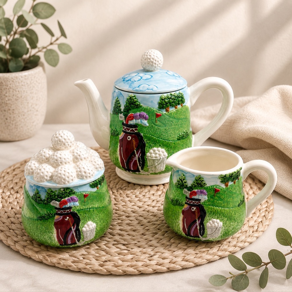 Golf Themed 3pc Tea Set - Teapot, Creamer, & Sugar Bowl Golf Lover Decor